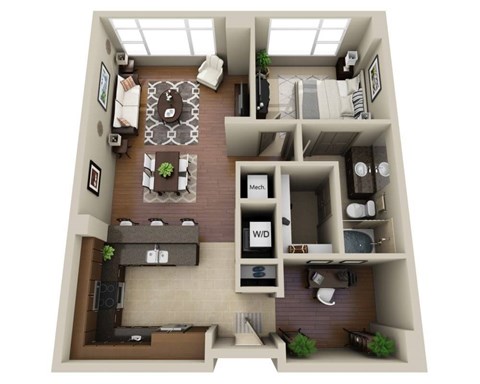 Floor plan for 1 bed, 1 bath, 950 sqft