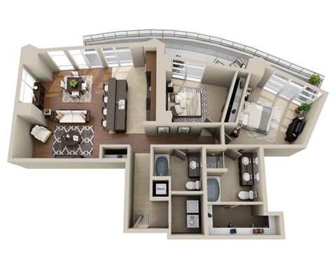 Floor plan for 2 beds, 2 baths, 1731 sqft