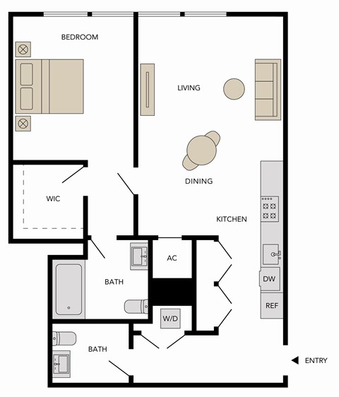 Floor plan for 1 bed, 1.5 baths, 1134 sqft
