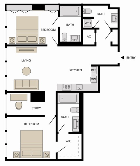 Floor plan for 2 beds, 2.5 baths, 1354 sqft