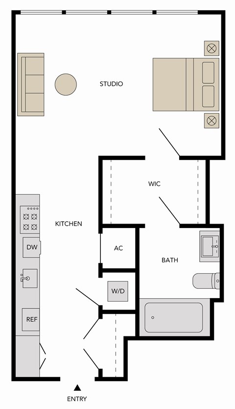 Floor plan for studio, 1 bath, 577 sqft