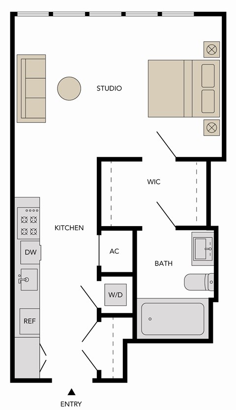 Floor plan for studio, 1 bath, 577 sqft