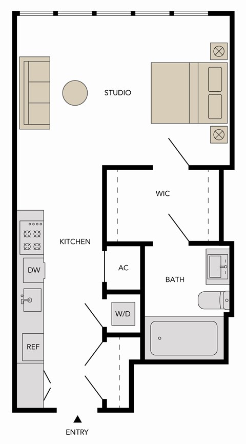 Floor plan for studio, 1 bath, 577 sqft
