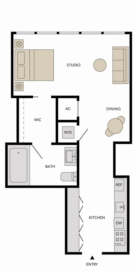 Floor plan for studio, 1 bath, 620 sqft