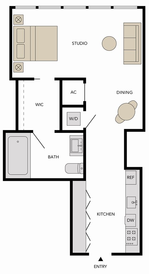 Floor plan for studio, 1 bath, 620 sqft