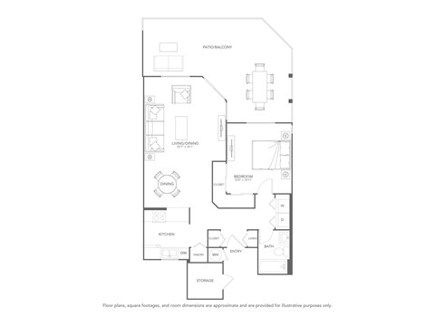Floor plan for 1 bed, 1 bath, 794 sqft