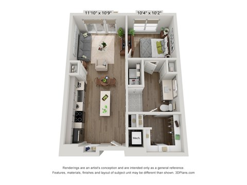 Floor plan for 1 bed, 1 bath, 703 sqft