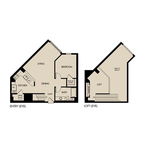 Floor plan for 1 bed, 1 bath, 1077 sqft