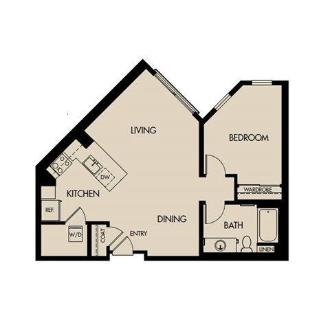 Floor plan for 1 bed, 1 bath, 801 sqft