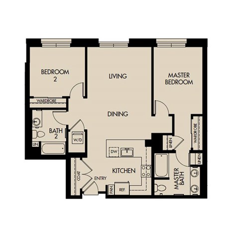 Floor plan for 2 beds, 2 baths, 1070 sqft
