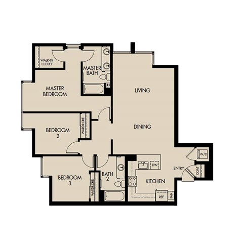 Floor plan for 3 beds, 2 baths, 1377 sqft