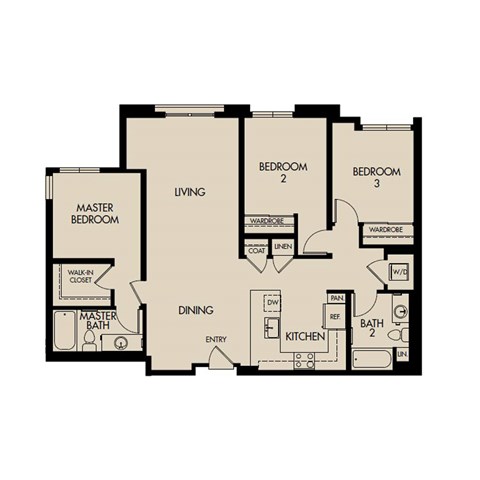 Floor plan for 3 beds, 2 baths, 1304 sqft