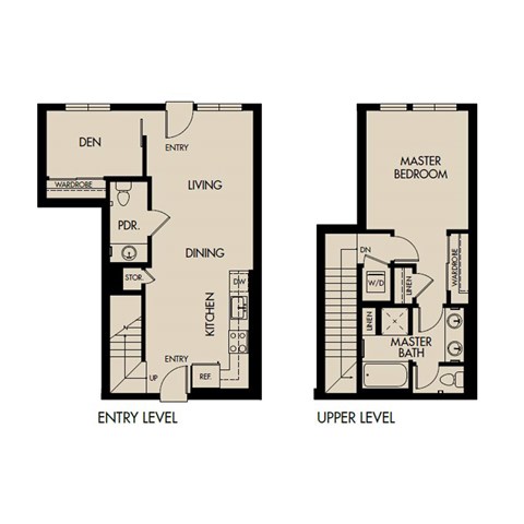 Floor plan for 1 bed, 1.5 baths, 961 sqft