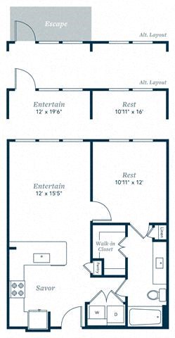 Floor plan for 1 bed, 1 bath, 685 sqft