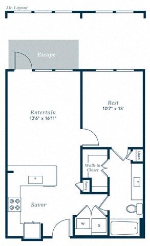 Floor plan for 1 bed, 1 bath, 757 sqft
