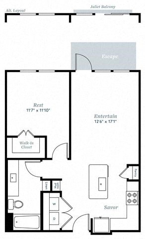 Floor plan for 1 bed, 1 bath, 779 sqft