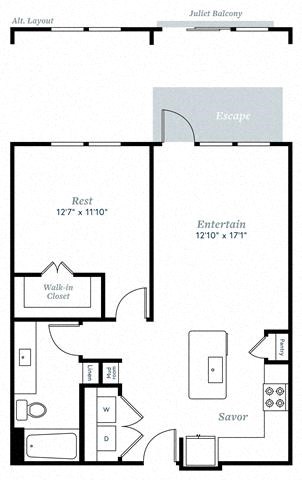 Floor plan for 1 bed, 1 bath, 982 sqft