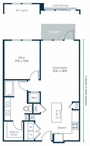 Floor plan for 1 bed, 1 bath, 821 sqft