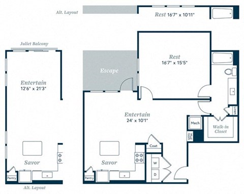 Floor plan for 1 bed, 1 bath, 982 sqft