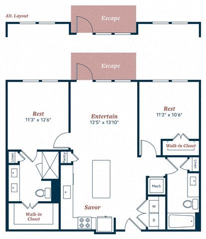 Floor plan for 2 beds, 2 baths, 1012 sqft