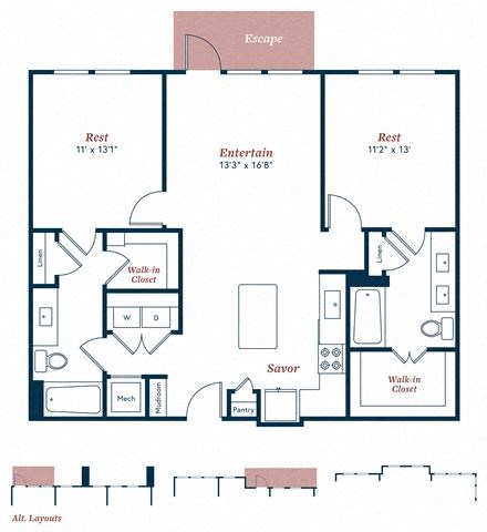 Floor plan for 2 beds, 2 baths, 1187 sqft