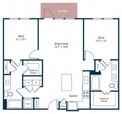 Floor plan for 2 beds, 2 baths, 1152 sqft