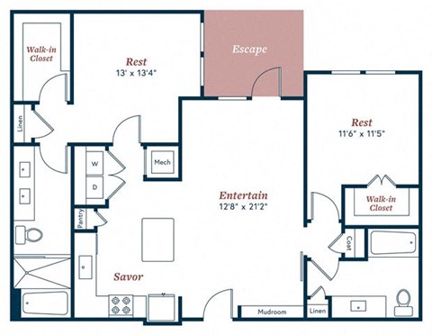 Floor plan for 2 beds, 2 baths, 1196 sqft