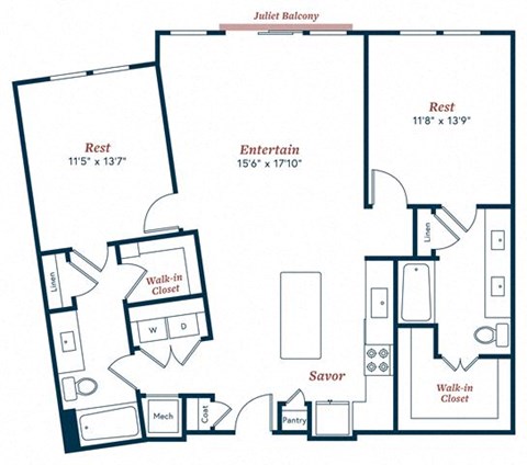 Floor plan for 2 beds, 2 baths, 1260 sqft