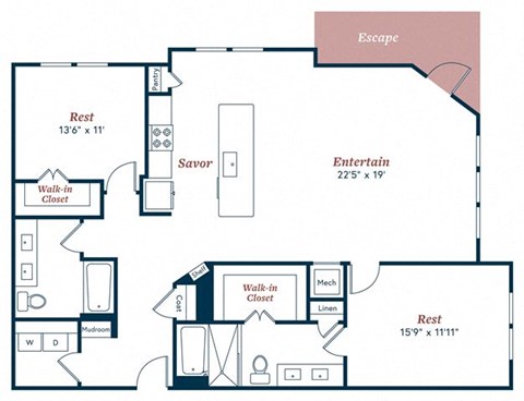 Floor plan for 2 beds, 2 baths, 1512 sqft