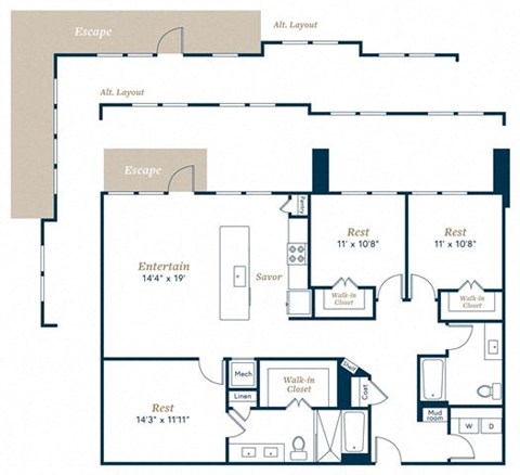 Floor plan for 3 beds, 2 baths, 1588 sqft