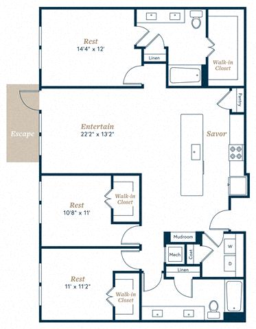 Floor plan for 3 beds, 2 baths, 1553 sqft