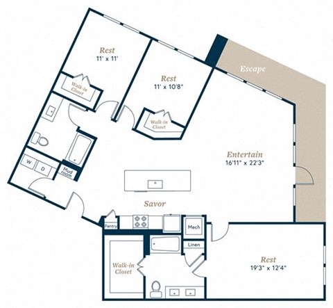 Floor plan for 3 beds, 2 baths, 1674 sqft