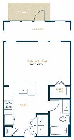 Floor plan for studio, 1 bath, 536 sqft