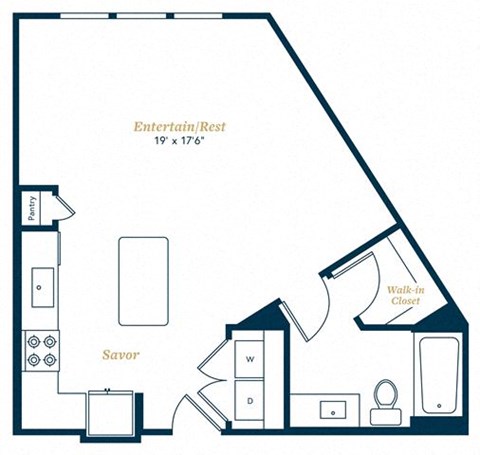 Floor plan for studio, 1 bath, 599 sqft