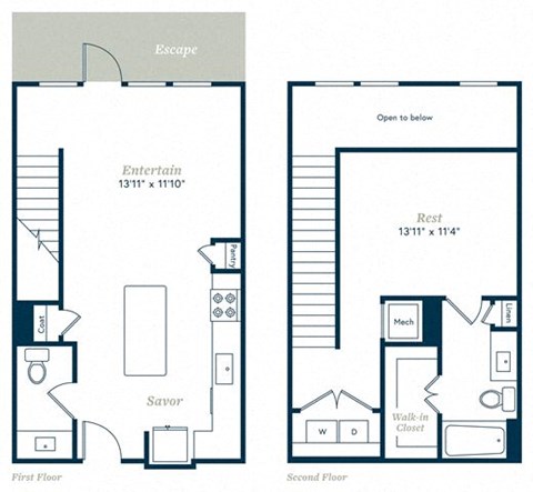 Floor plan for 1 bed, 1.5 baths, 973 sqft