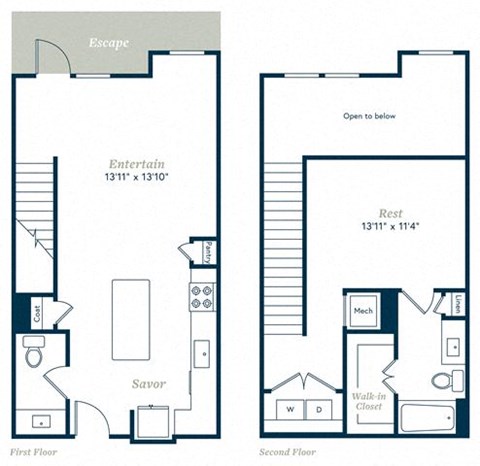 Floor plan for 1 bed, 1.5 baths, 982 sqft