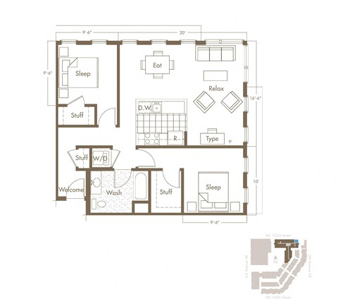 Floor plan for 2 beds, 1 bath, 902 sqft