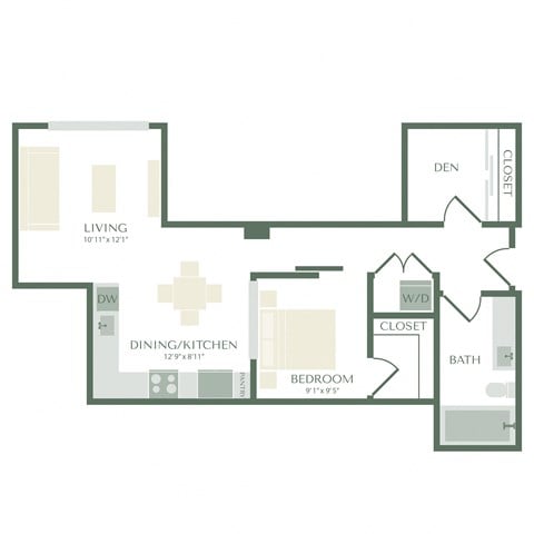 Floor plan for 1 bed, 1 bath, 774 sqft