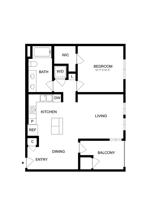 Floor plan for 1 bed, 1 bath, 743 sqft
