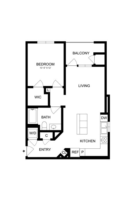 Floor plan for 1 bed, 1 bath, 780 sqft