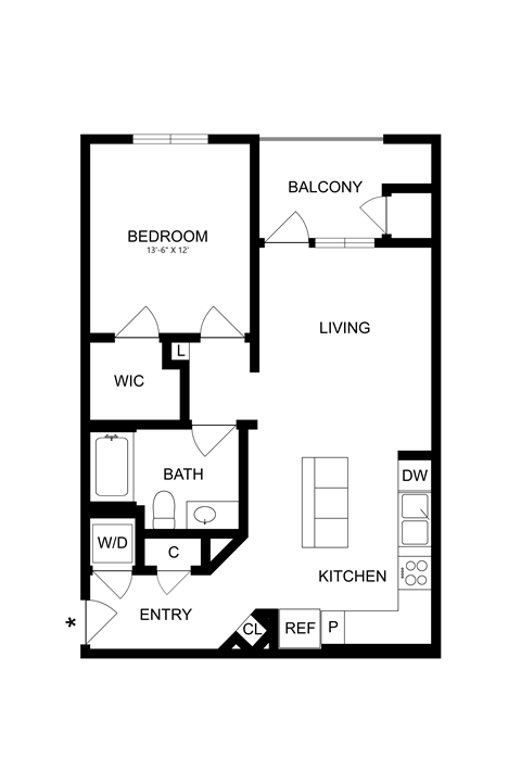 Floor plan for 1 bed, 1 bath, 756 sqft