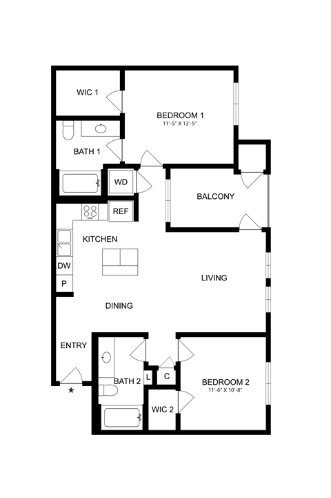 Floor plan for 2 beds, 2 baths, 954 sqft