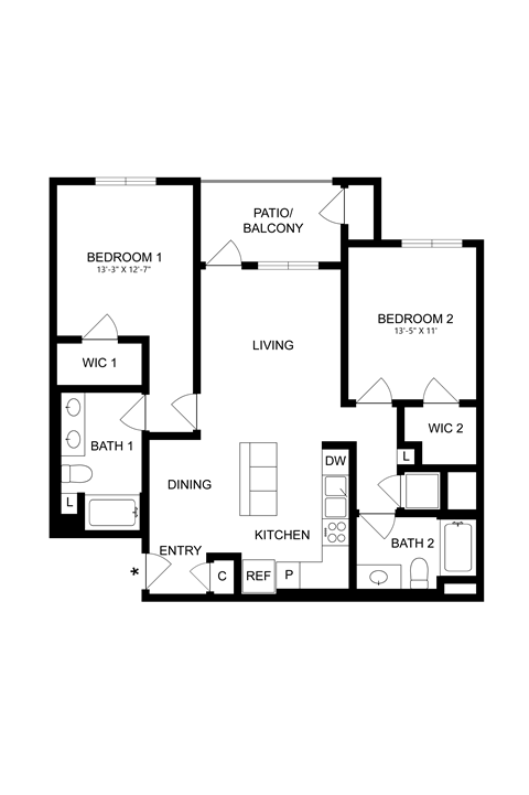 Floor plan for 2 beds, 2 baths, 1079 sqft