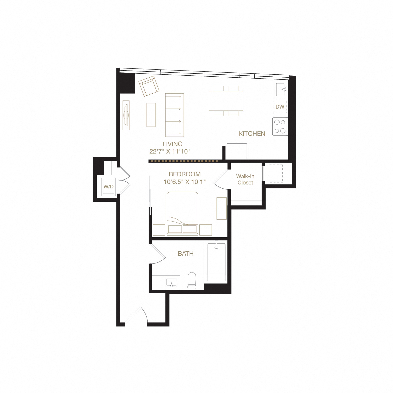 Floor plan for 1 bed, 1 bath, 660 sqft