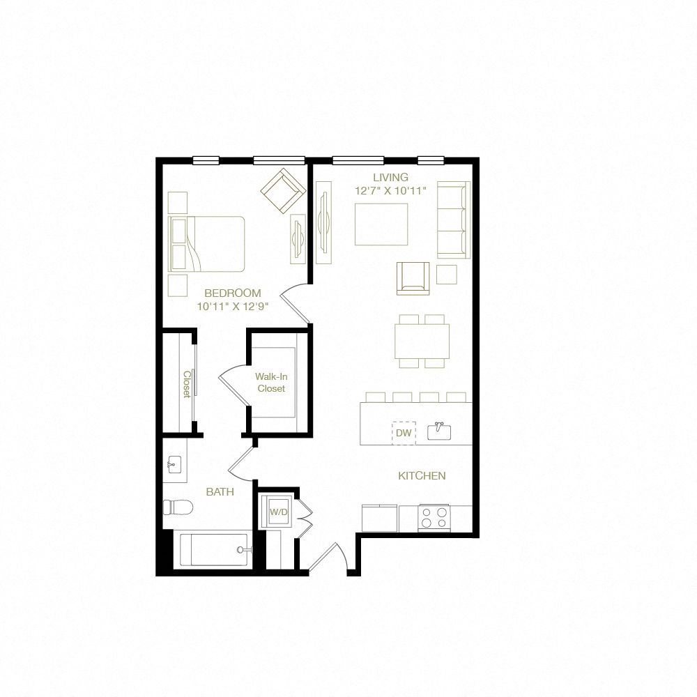 Floor plan for 1 bed, 1 bath, 745 sqft