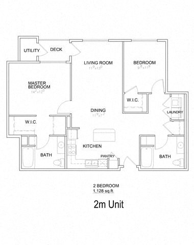 Floor plan for 2 beds, 2 baths, 1128 sqft