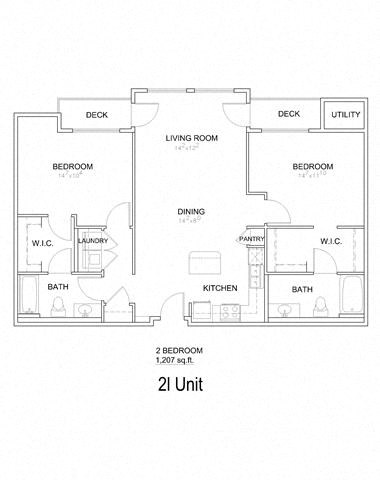Floor plan for 2 beds, 2 baths, 1207 sqft