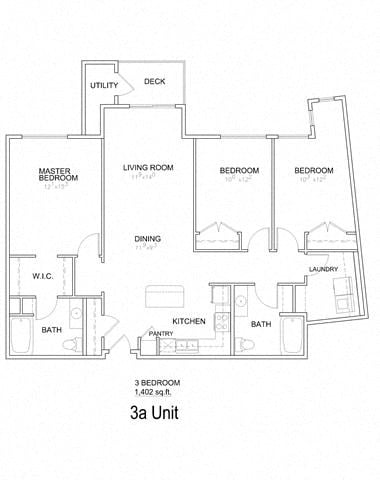 Floor plan for 3 beds, 2 baths, 1402 sqft