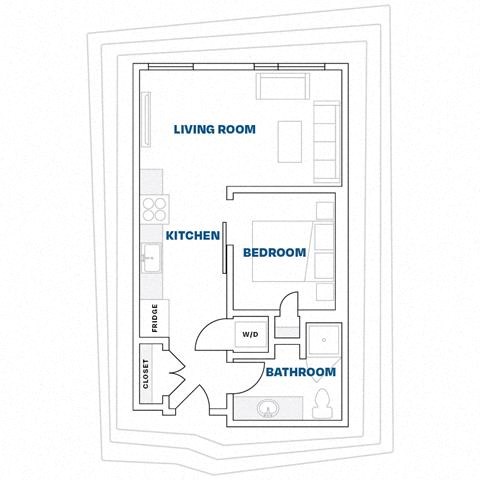 Floor plan for 1 bed, 1 bath, 559 sqft
