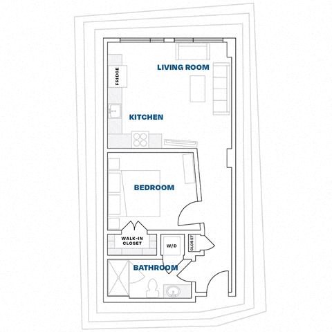Floor plan for 1 bed, 1 bath, 625 sqft